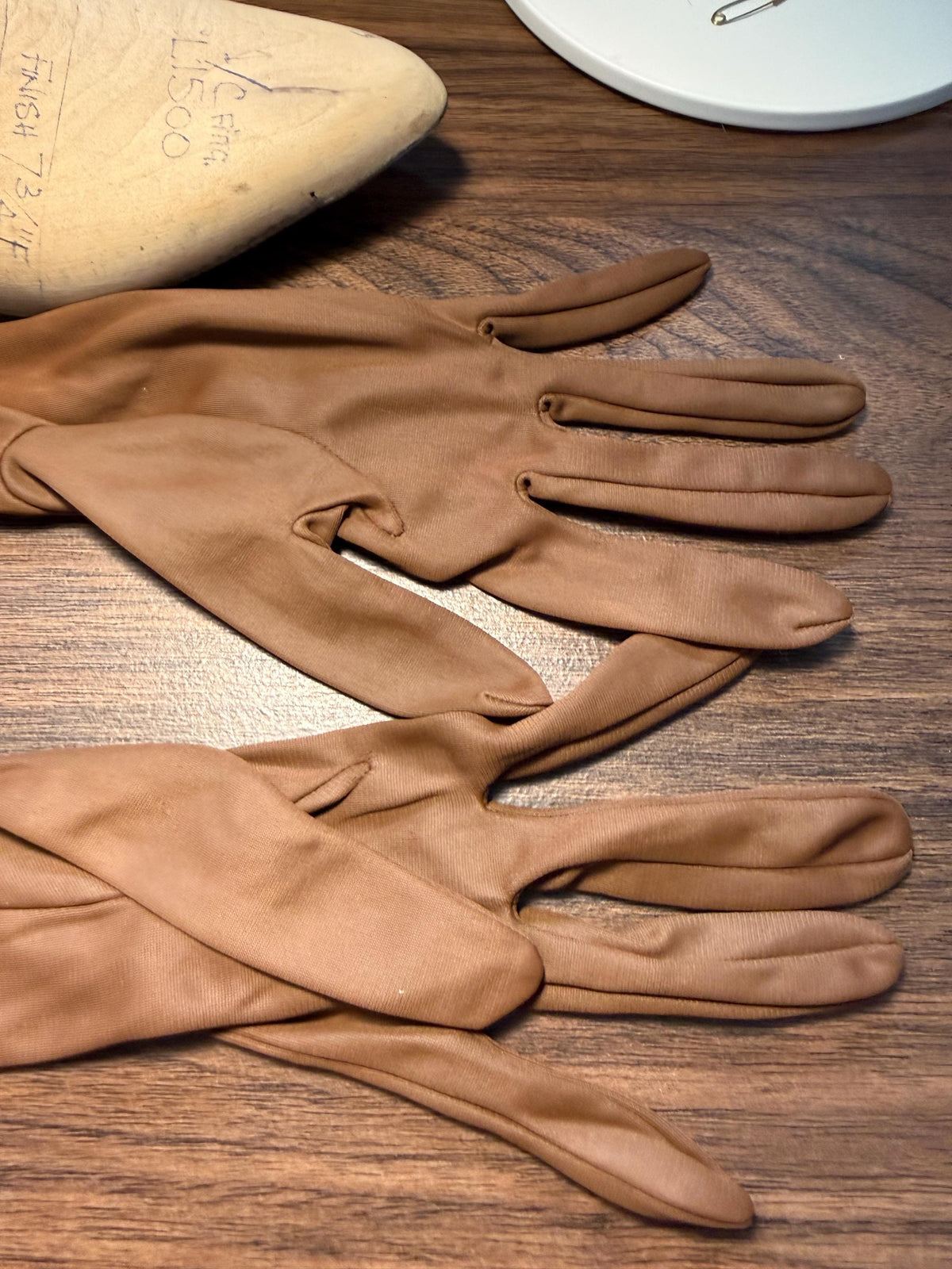 Vintage Brown Long Evening Gloves with Ruched Cuffs | Opera Gloves