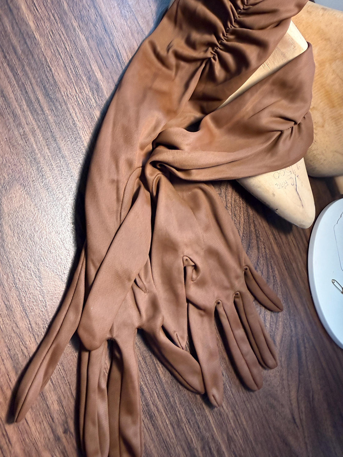 Vintage Brown Long Evening Gloves with Ruched Cuffs | Opera Gloves