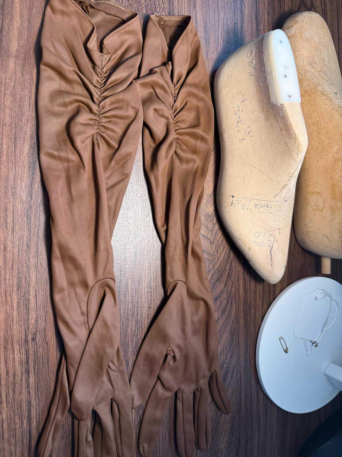 Vintage Brown Long Evening Gloves with Ruched Cuffs | Opera Gloves