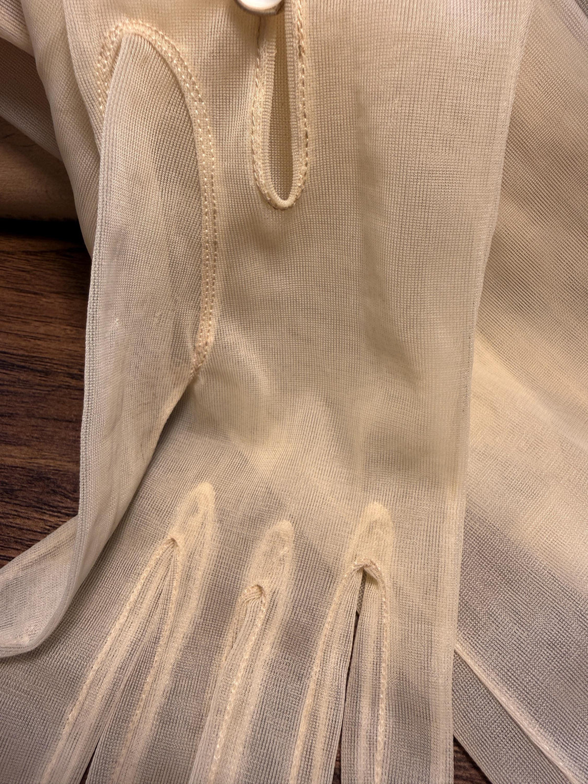 Title: Vintage Sheer Ivory Long Gloves with Button Detail | Cream Evening Gloves