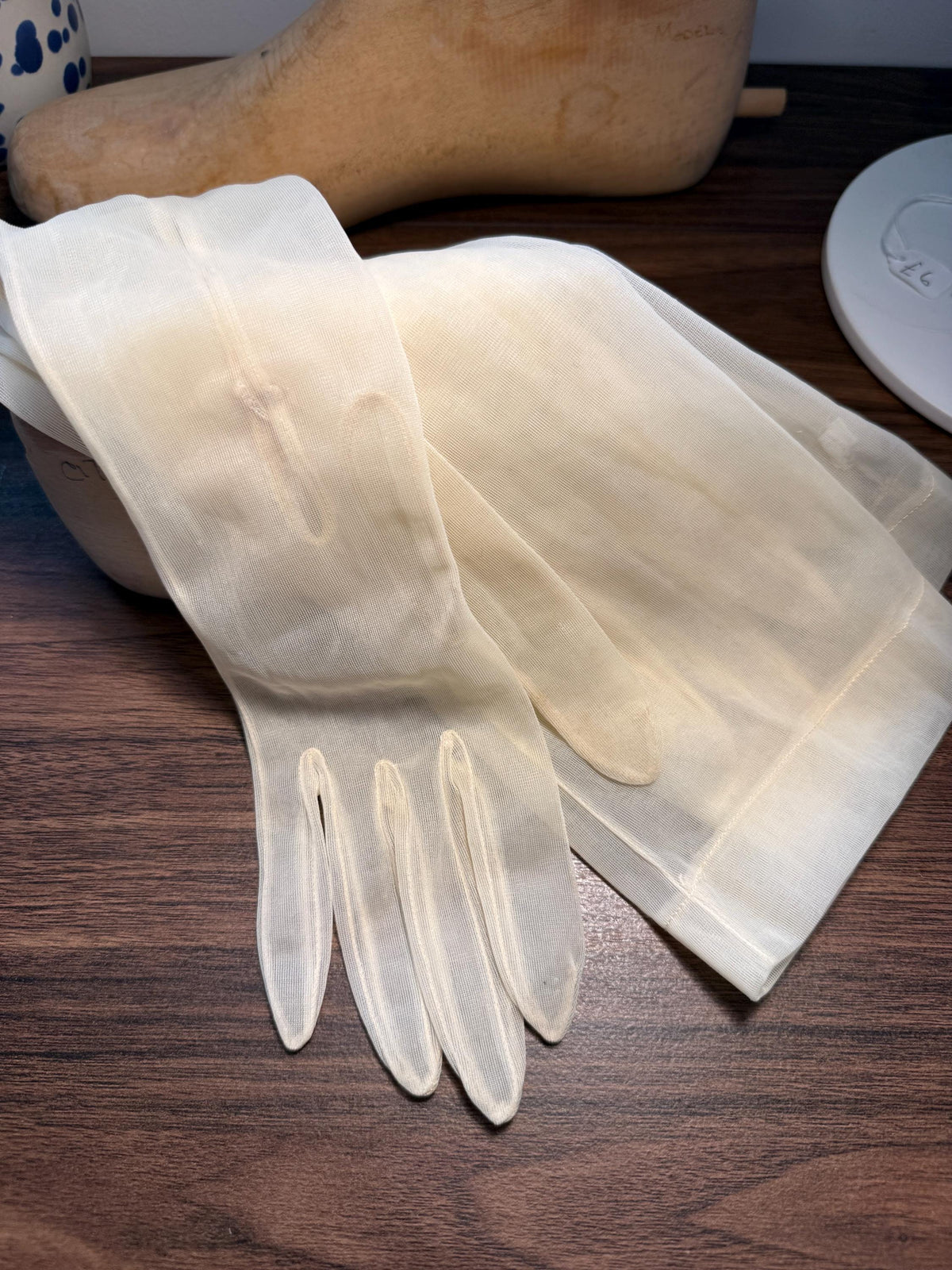 Title: Vintage Sheer Ivory Long Gloves with Button Detail | Cream Evening Gloves