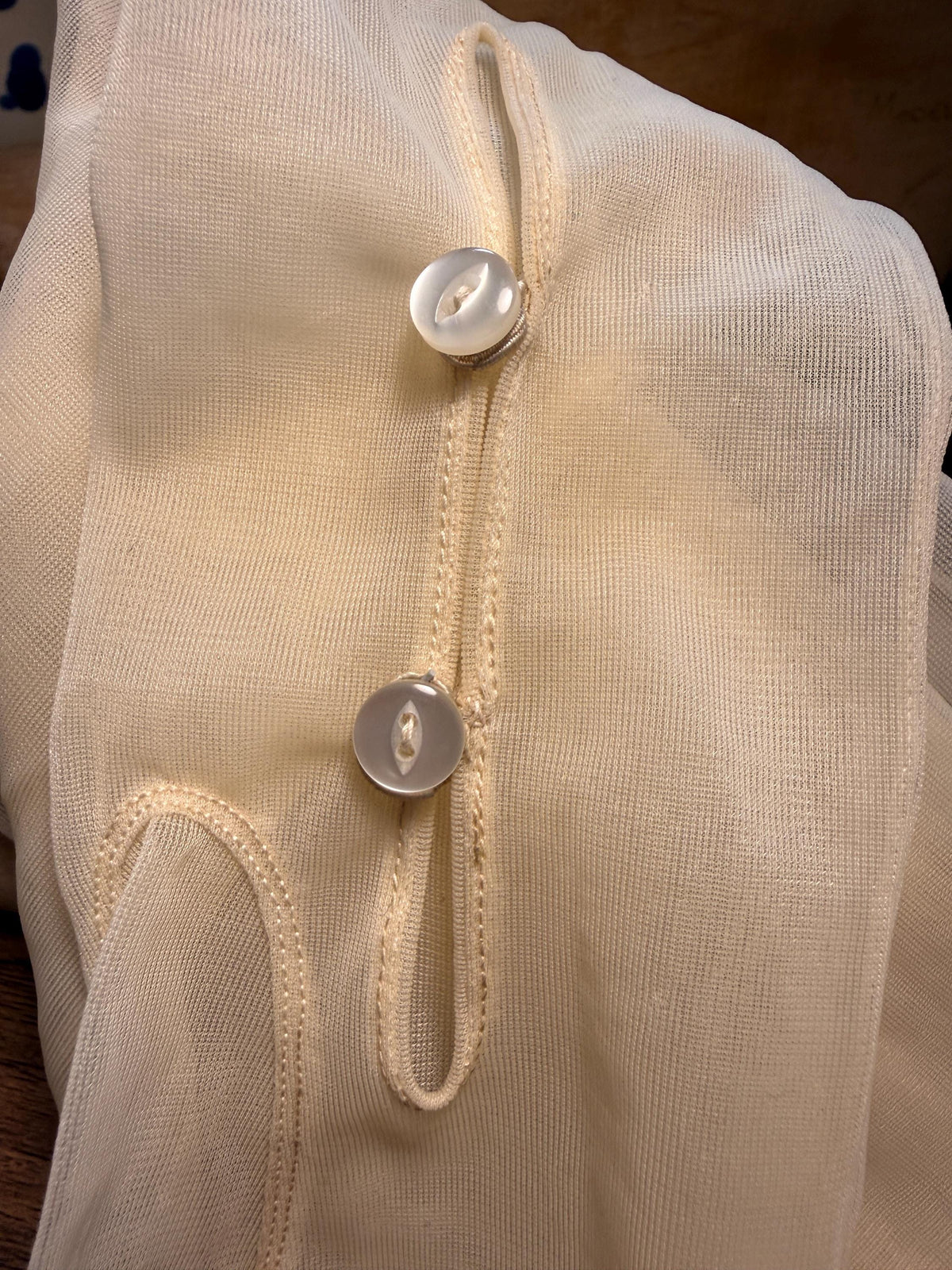 Title: Vintage Sheer Ivory Long Gloves with Button Detail | Cream Evening Gloves