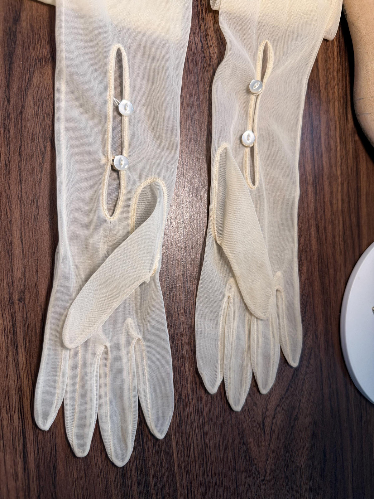 Title: Vintage Sheer Ivory Long Gloves with Button Detail | Cream Evening Gloves