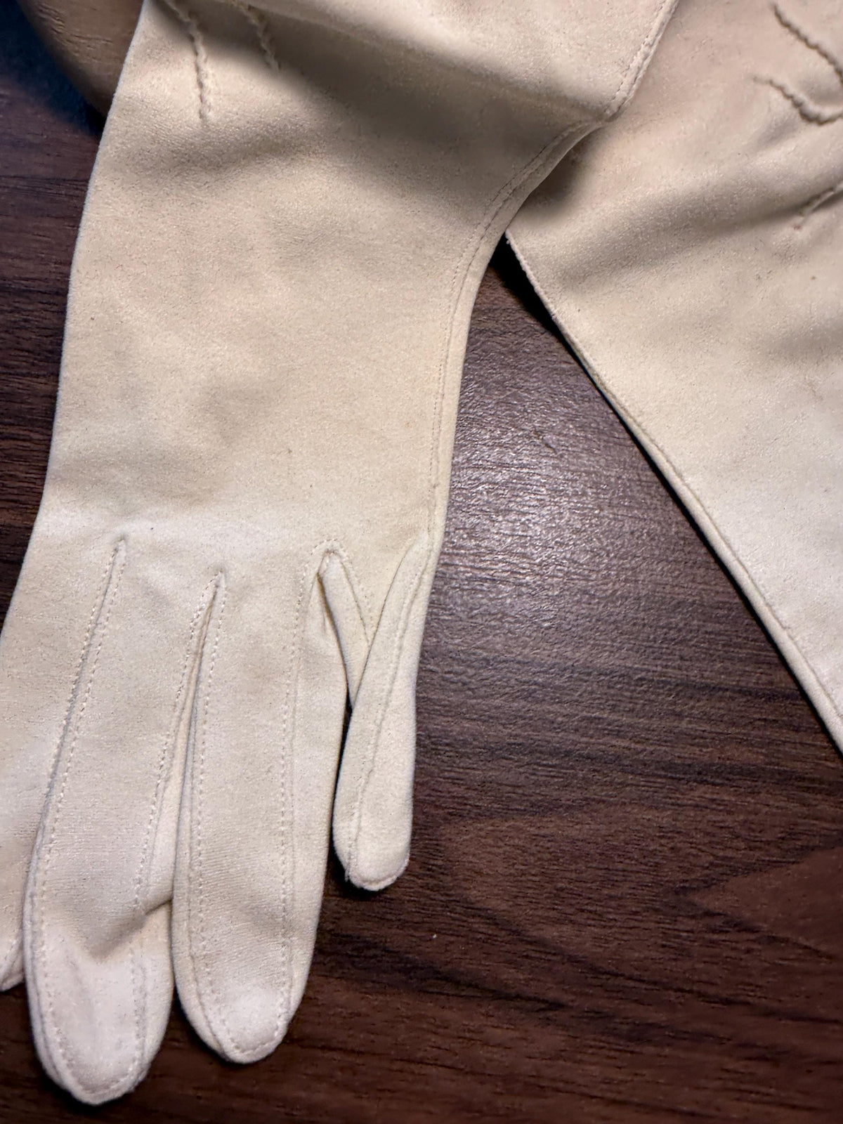 Vintage Ivory Long Gloves with Embroidered Cuffs | Cream Evening Gloves