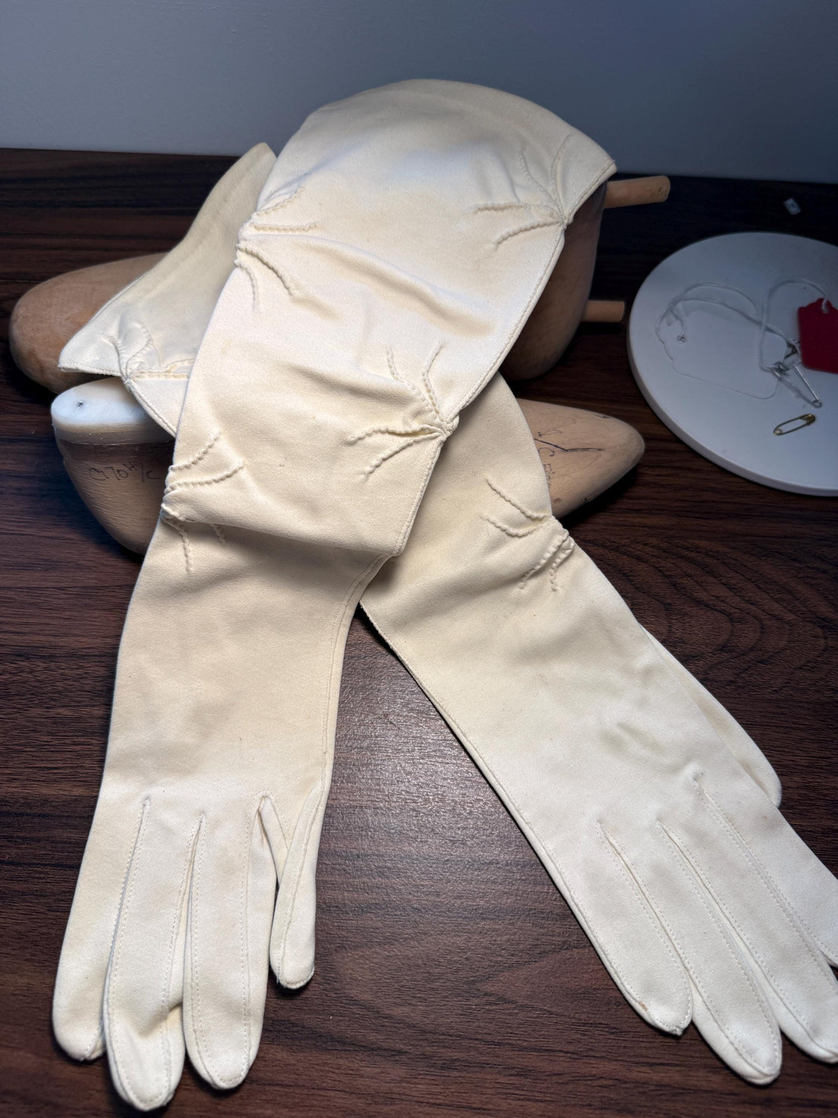 Vintage Ivory Long Gloves with Embroidered Cuffs | Cream Evening Gloves