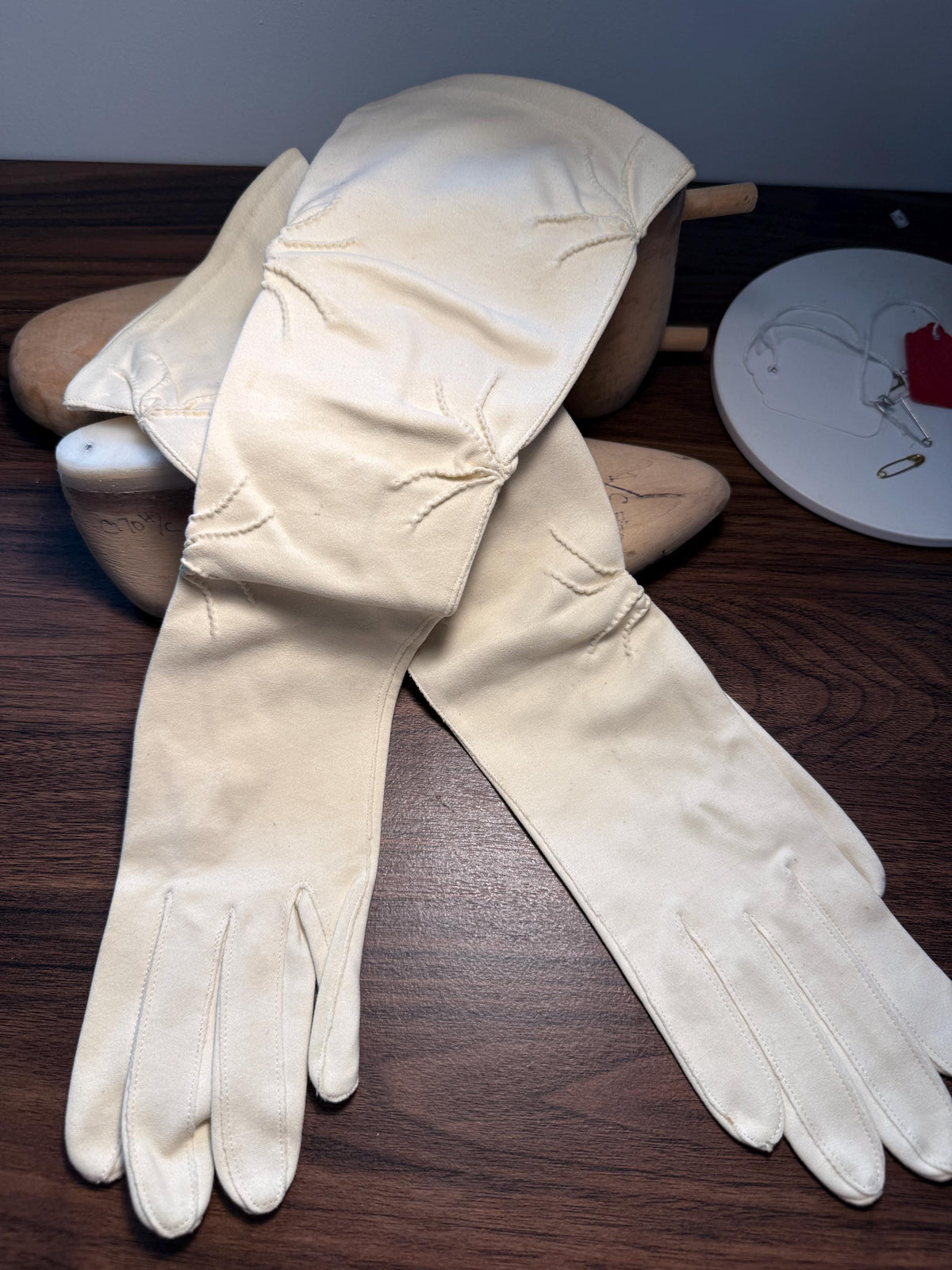 Vintage Ivory Long Gloves with Embroidered Cuffs | Cream Evening Gloves