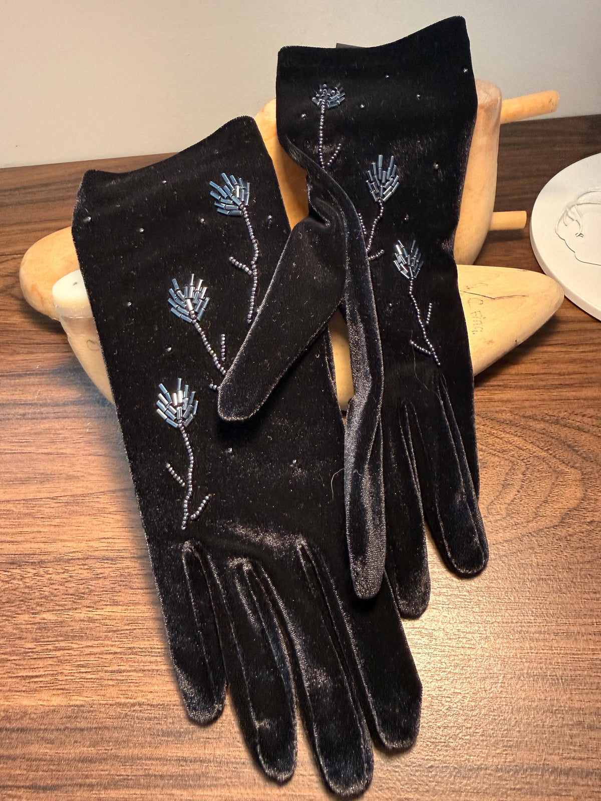 Vintage Black Velvet Gloves with Beaded Floral Design | Evening Gloves