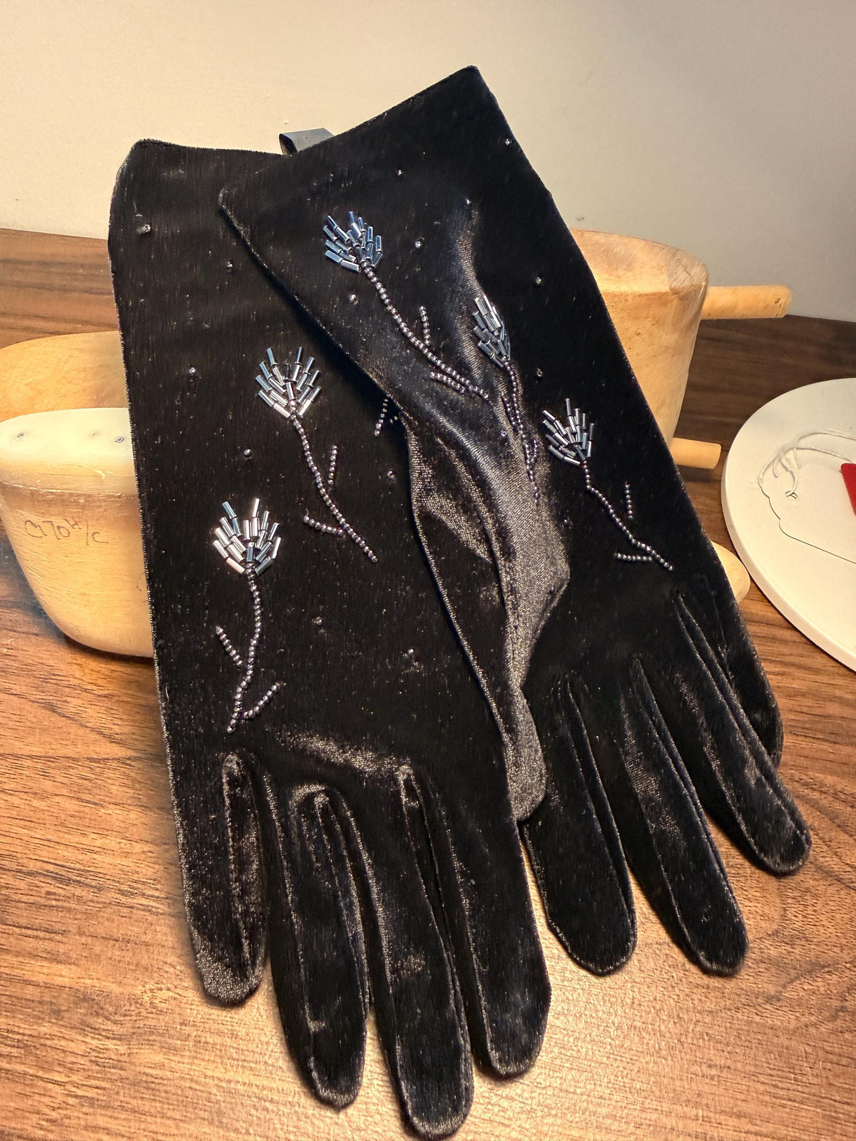 Vintage Black Velvet Gloves with Beaded Floral Design | Evening Gloves