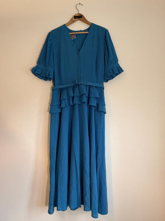 Vintage Marion Donaldson Blue Maxi Dress | 1970s–80s Ruffle Dress | Belted Size 12