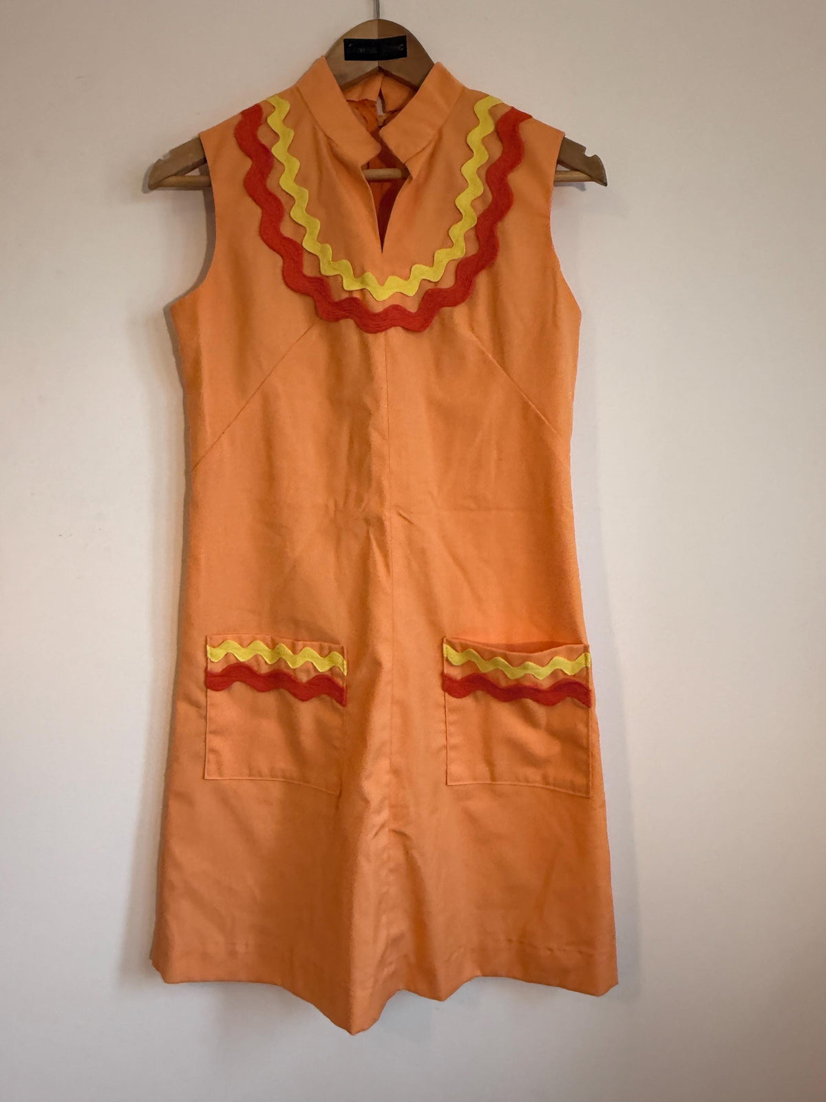 Vintage 1970s Orange Mini Dress | Red and Yellow Ric-Rac Trim | Sleeveless Pinafore Dress