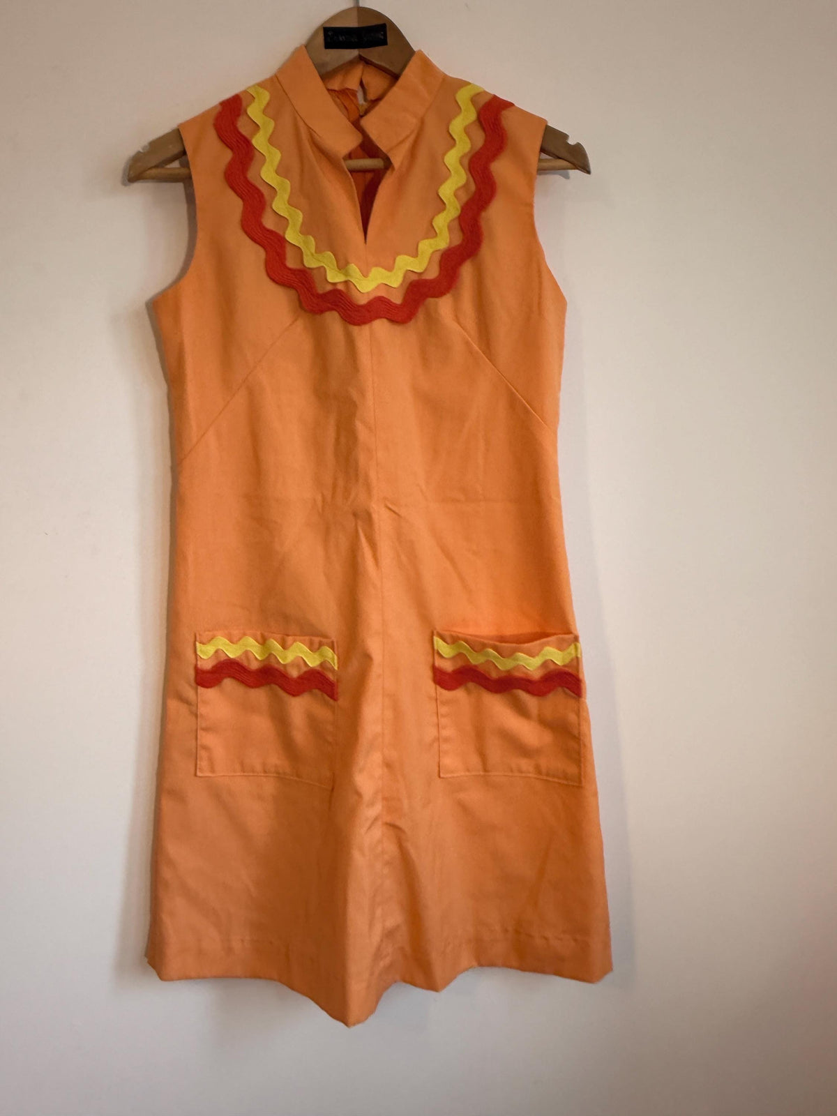 Vintage 1970s Orange Mini Dress | Red and Yellow Ric-Rac Trim | Sleeveless Pinafore Dress