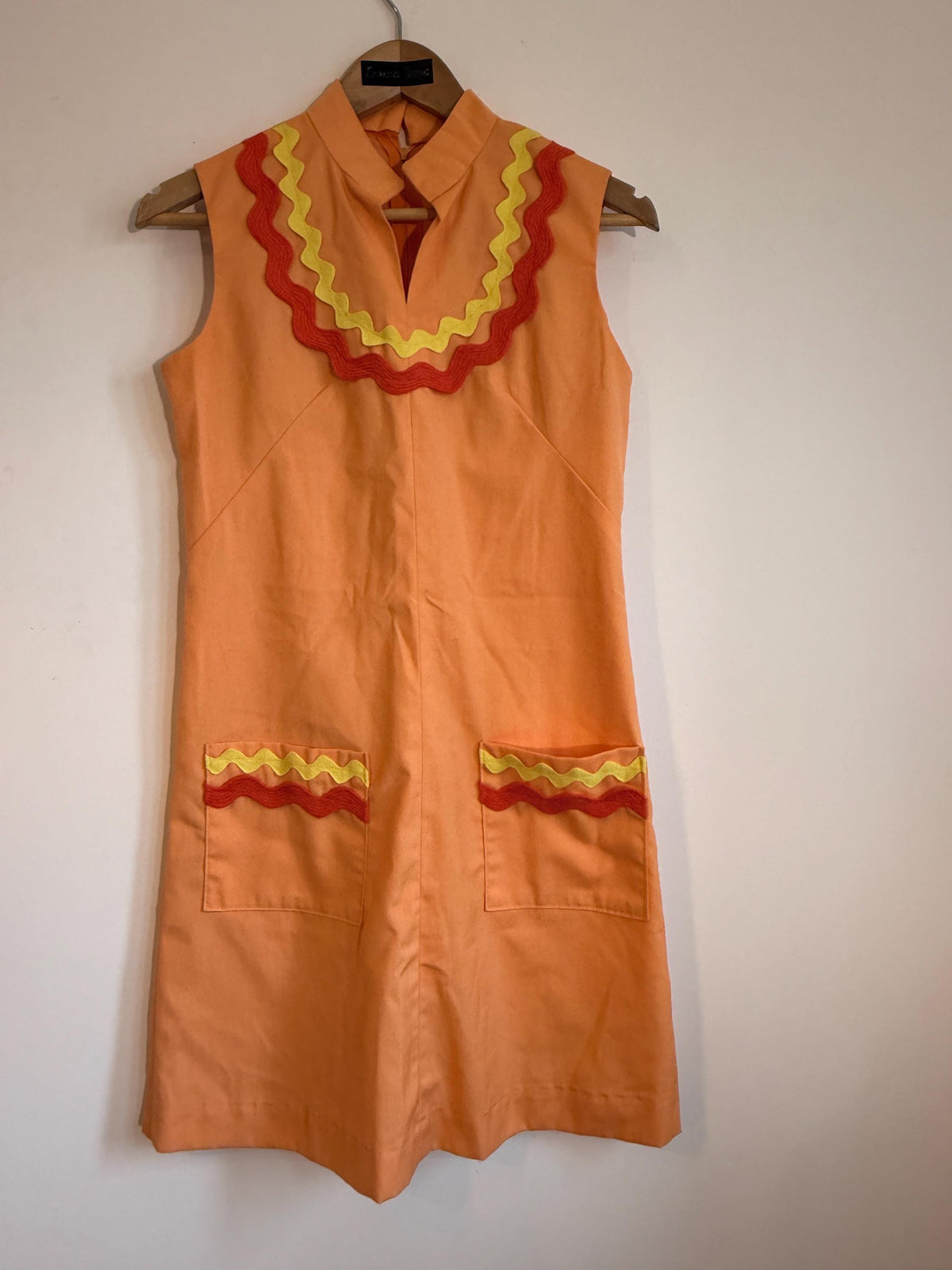 Vintage 1970s Orange Mini Dress | Red and Yellow Ric-Rac Trim | Sleeveless Pinafore Dress