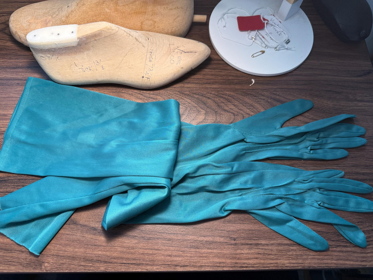 Vintage Turquoise Opera Gloves with Pearl Buttons | Long Teal Evening Gloves
