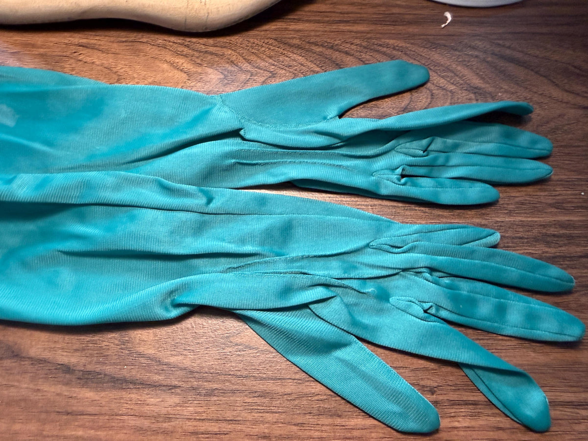 Vintage Turquoise Opera Gloves with Pearl Buttons | Long Teal Evening Gloves