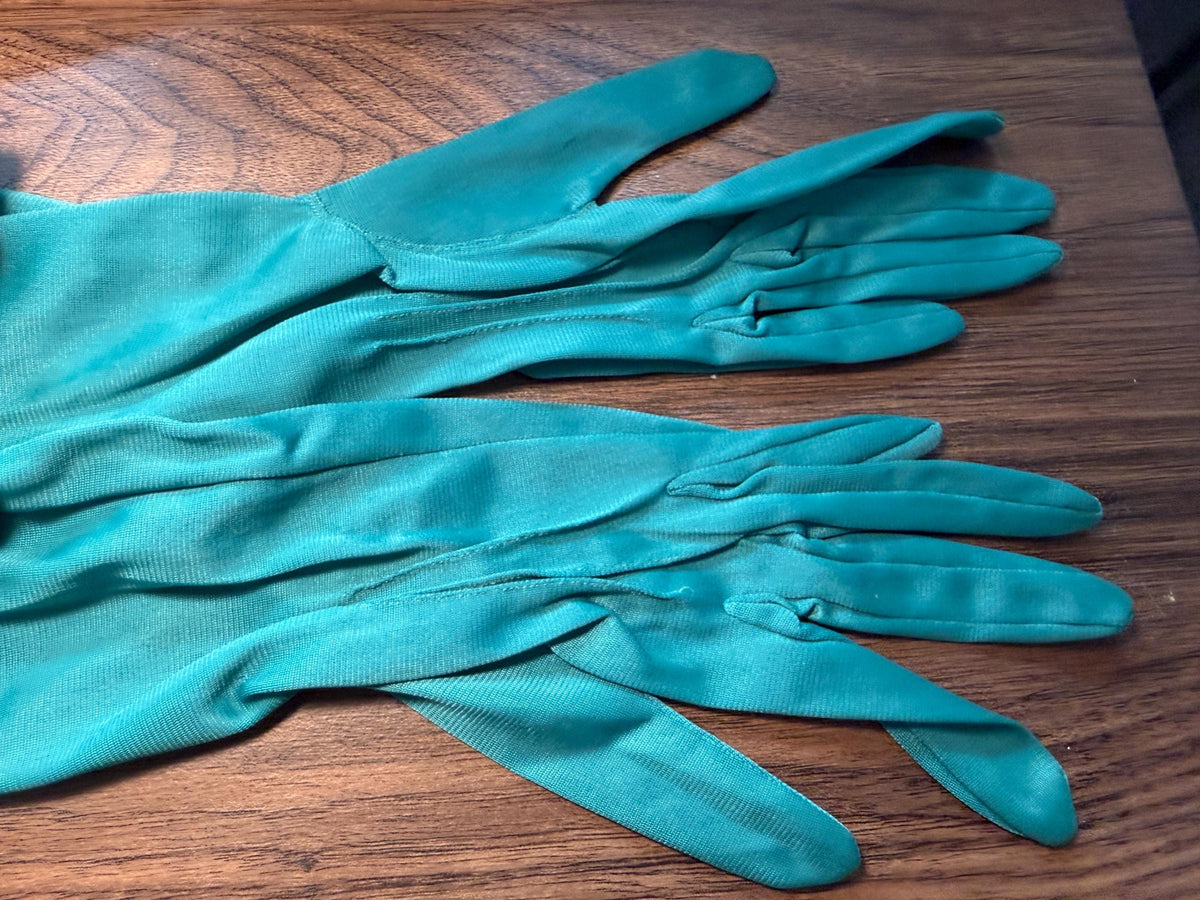 Vintage Turquoise Opera Gloves with Pearl Buttons | Long Teal Evening Gloves