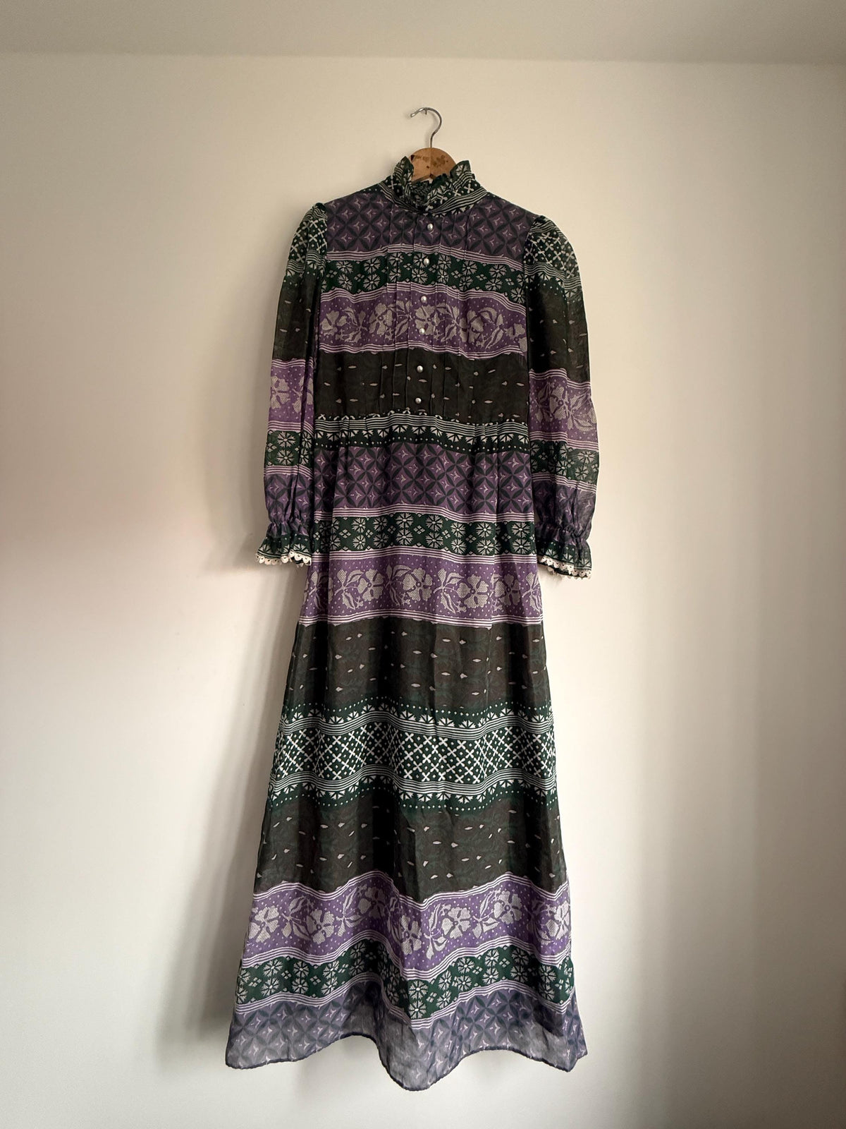 Vintage 1970s Purple and Green Prairie Maxi Dress – Floral Geometric Print, Ruffle Neck