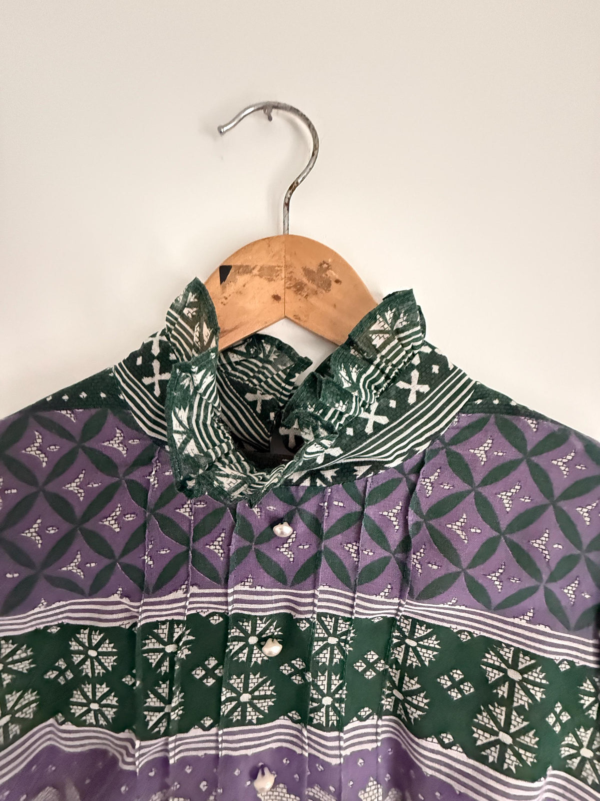 Vintage 1970s Purple and Green Prairie Maxi Dress – Floral Geometric Print, Ruffle Neck