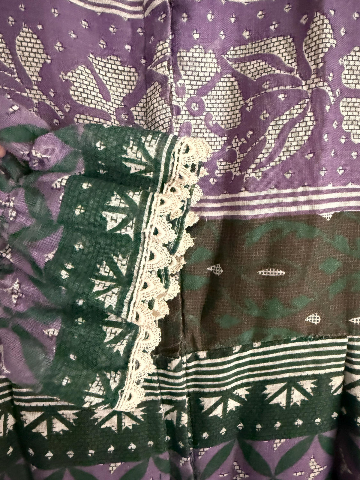 Vintage 1970s Purple and Green Prairie Maxi Dress – Floral Geometric Print, Ruffle Neck