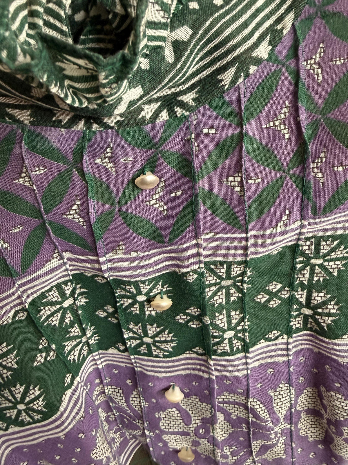 Vintage 1970s Purple and Green Prairie Maxi Dress – Floral Geometric Print, Ruffle Neck