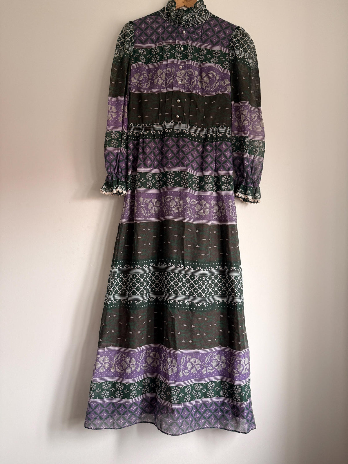 Vintage 1970s Purple and Green Prairie Maxi Dress – Floral Geometric Print, Ruffle Neck
