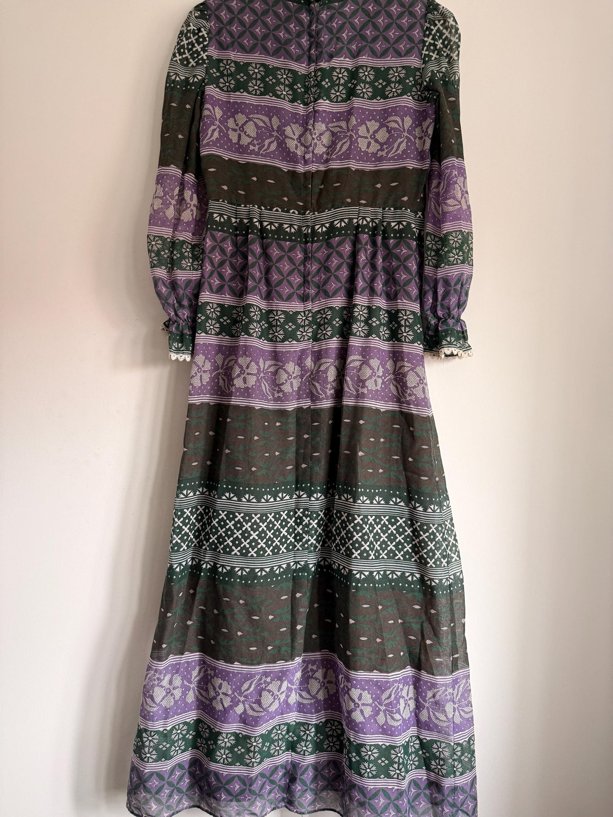 Vintage 1970s Purple and Green Prairie Maxi Dress – Floral Geometric Print, Ruffle Neck