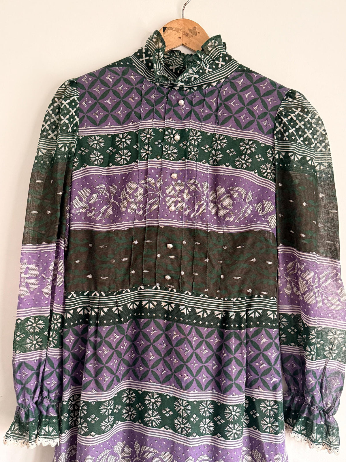 Vintage 1970s Purple and Green Prairie Maxi Dress – Floral Geometric Print, Ruffle Neck
