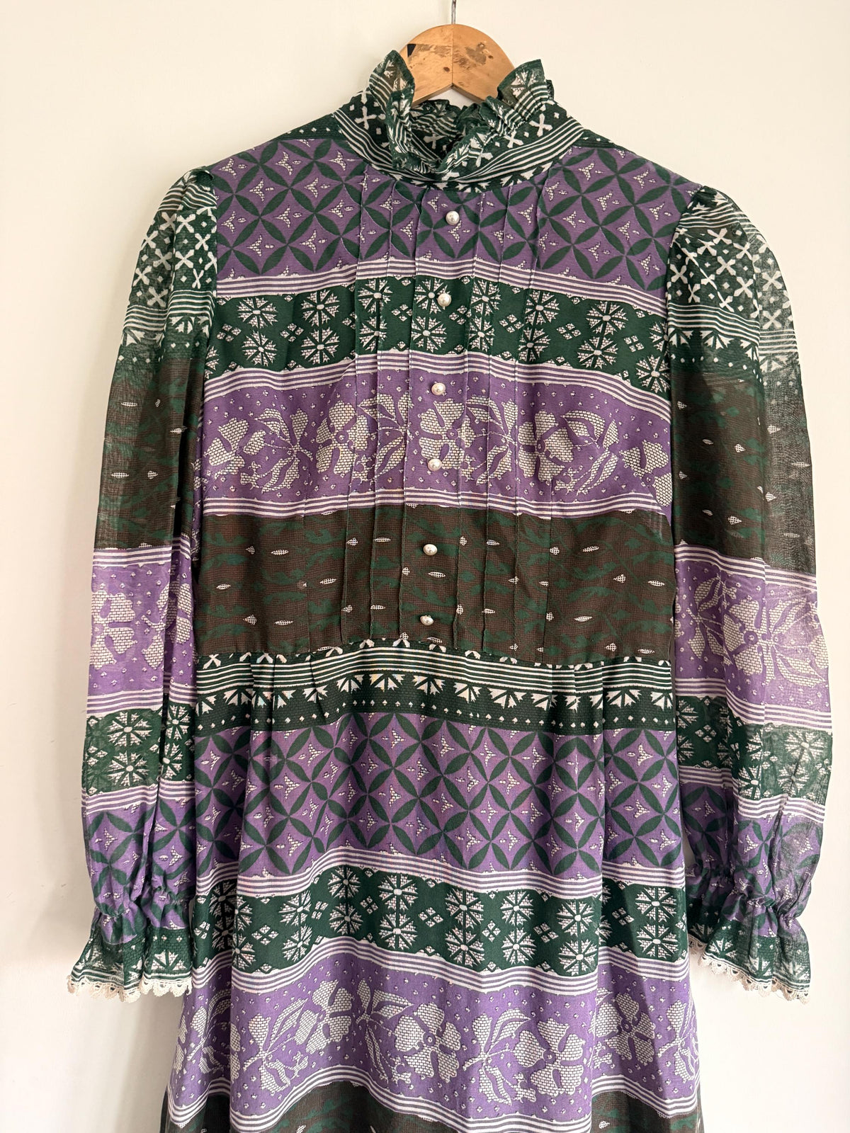 Vintage 1970s Purple and Green Prairie Maxi Dress – Floral Geometric Print, Ruffle Neck
