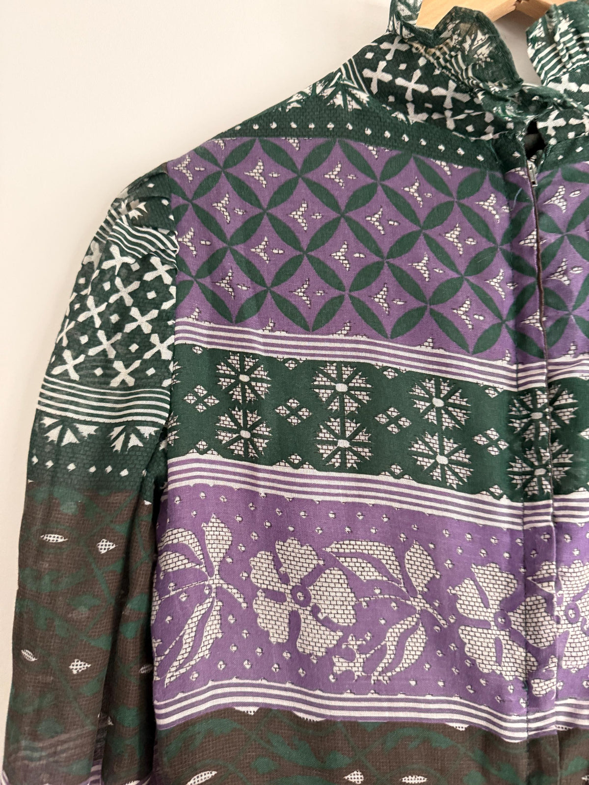 Vintage 1970s Purple and Green Prairie Maxi Dress – Floral Geometric Print, Ruffle Neck