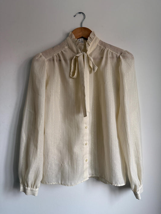 Vintage 1970s Cream Gold Stripe Blouse – Ruffle Collar Pussy Bow Shirt