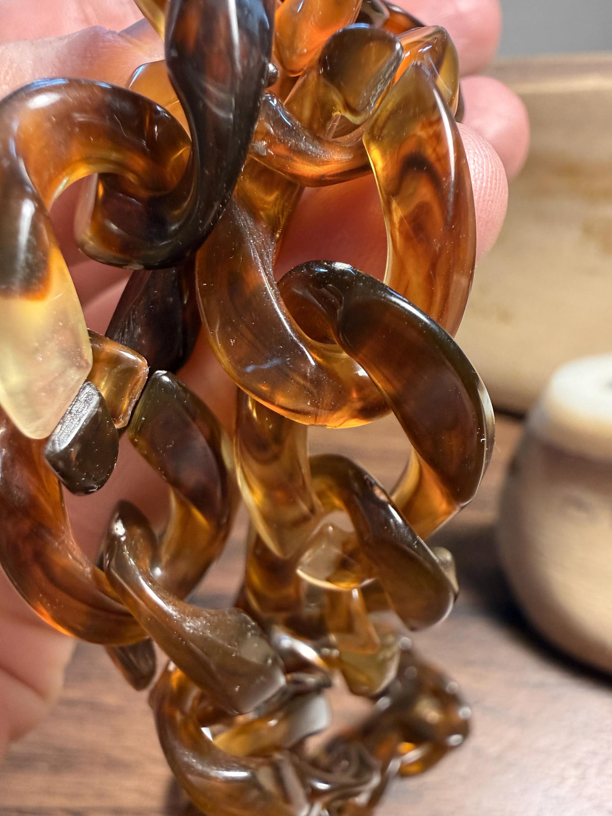 Vintage Faux Tortoiseshell Chain Link Necklace | Long Amber Brown Plastic Statement Jewellery