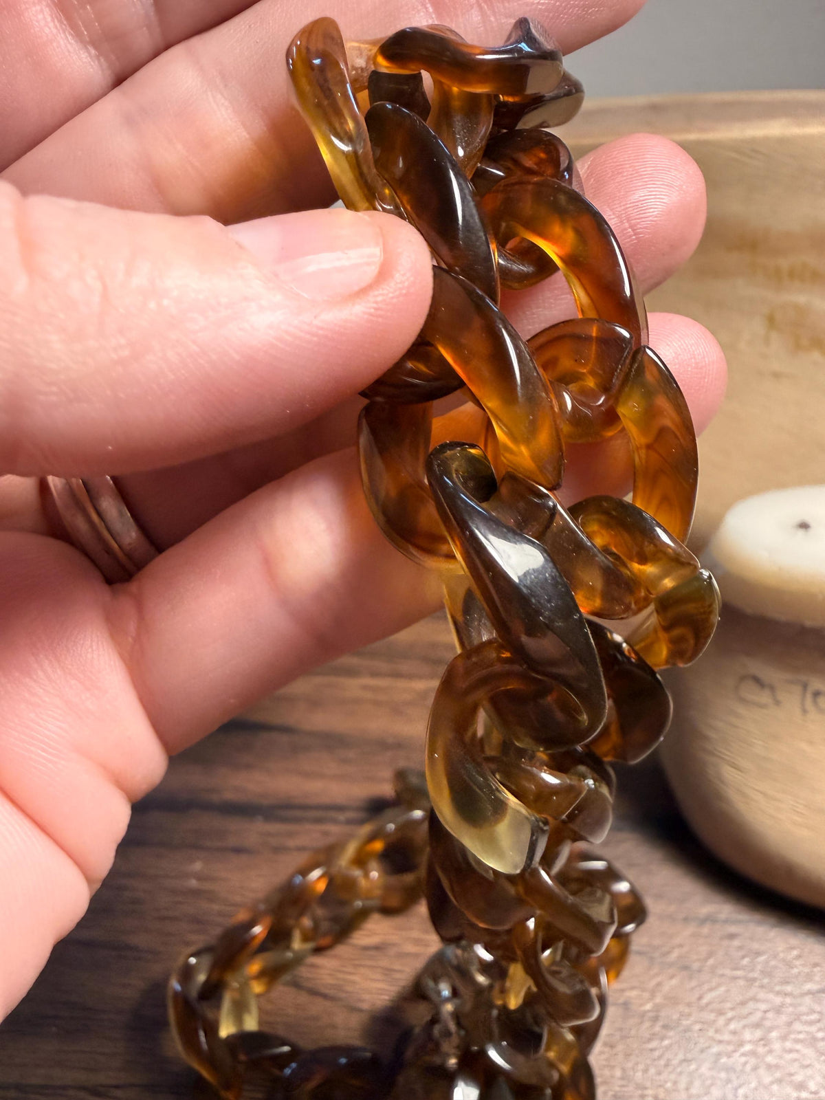 Vintage Faux Tortoiseshell Chain Link Necklace | Long Amber Brown Plastic Statement Jewellery