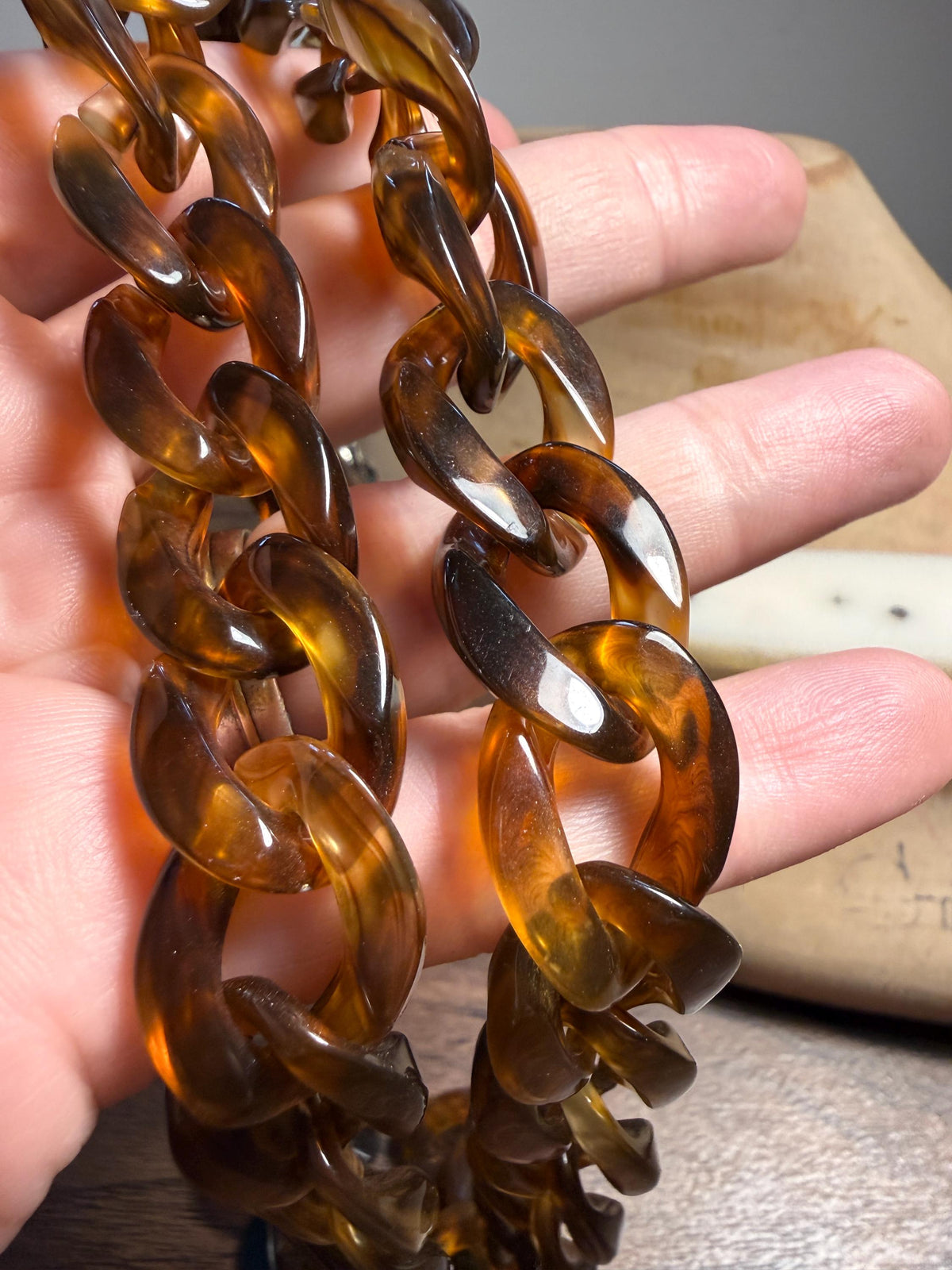 Vintage Faux Tortoiseshell Chain Link Necklace | Long Amber Brown Plastic Statement Jewellery