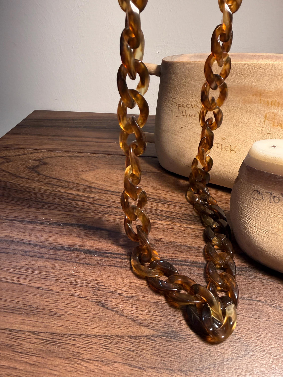 Vintage Faux Tortoiseshell Chain Link Necklace | Long Amber Brown Plastic Statement Jewellery
