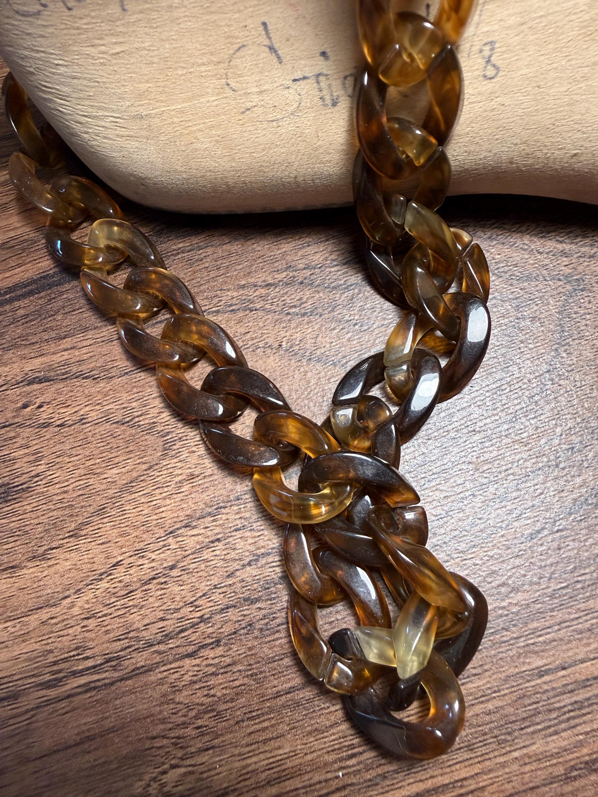Vintage Faux Tortoiseshell Chain Link Necklace | Long Amber Brown Plastic Statement Jewellery