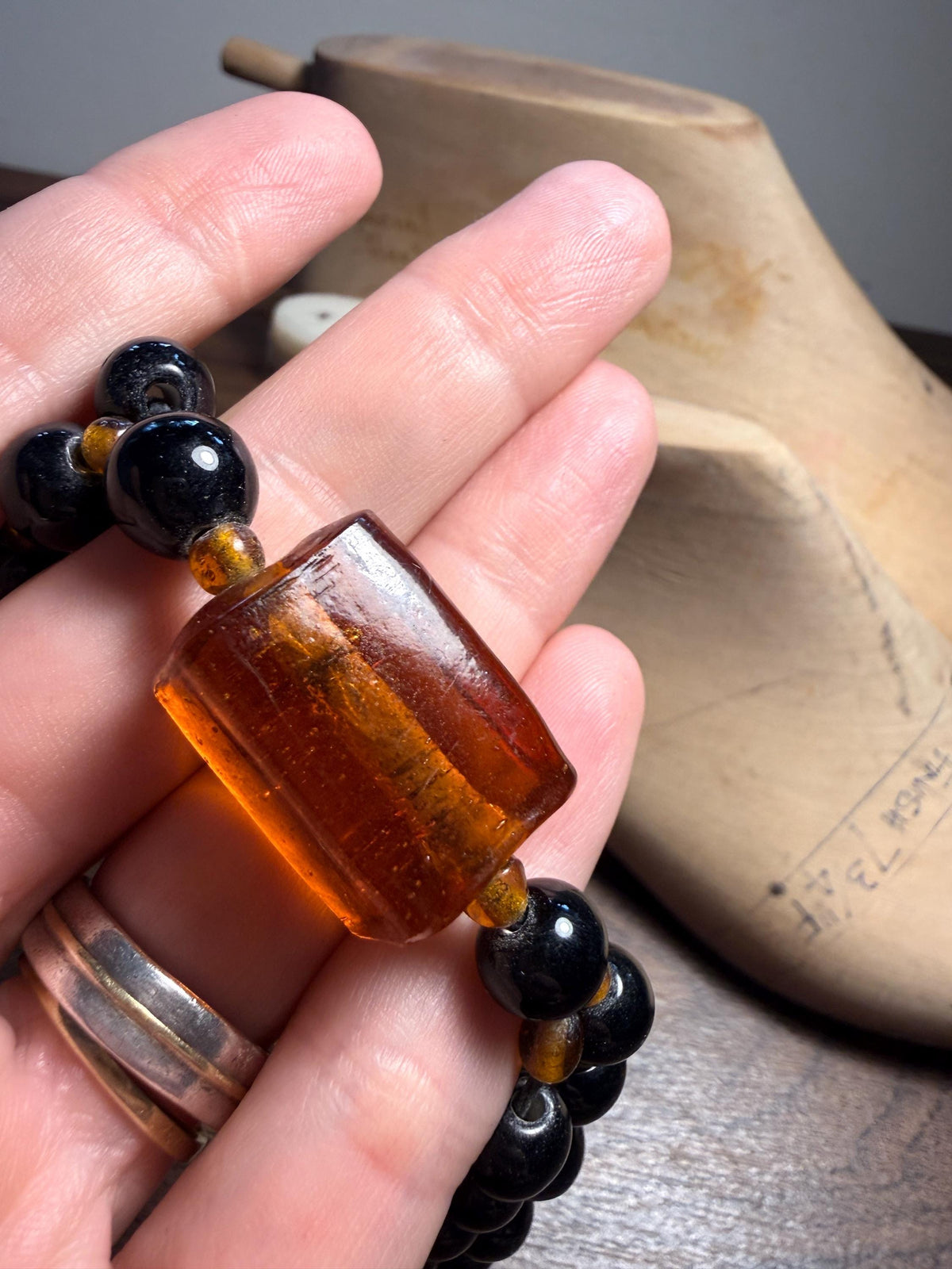 Vintage Long Black Glass Bead Necklace with Amber-Coloured Beads | Statement Costume Jewellery