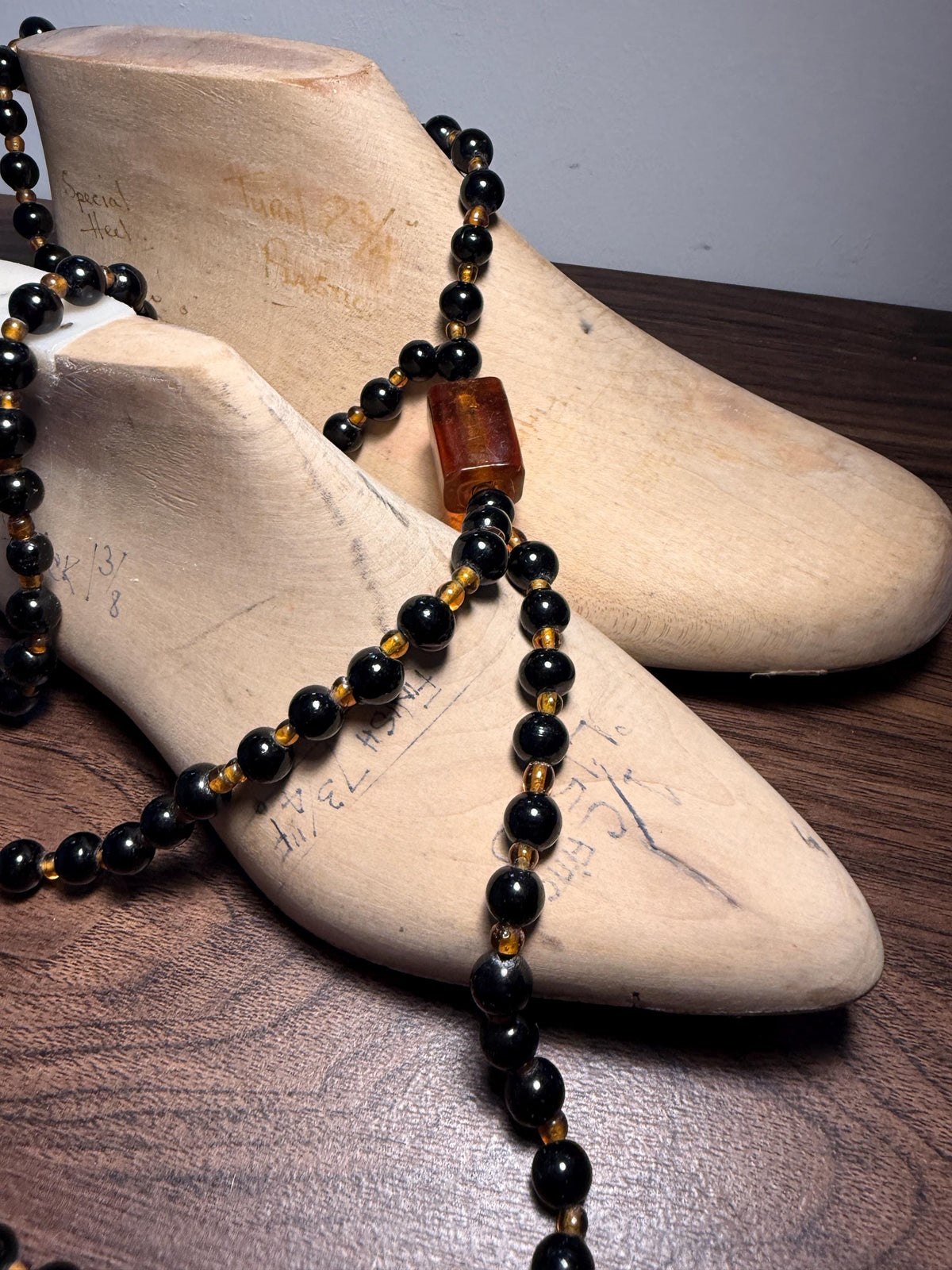 Vintage Long Black Glass Bead Necklace with Amber-Coloured Beads | Statement Costume Jewellery