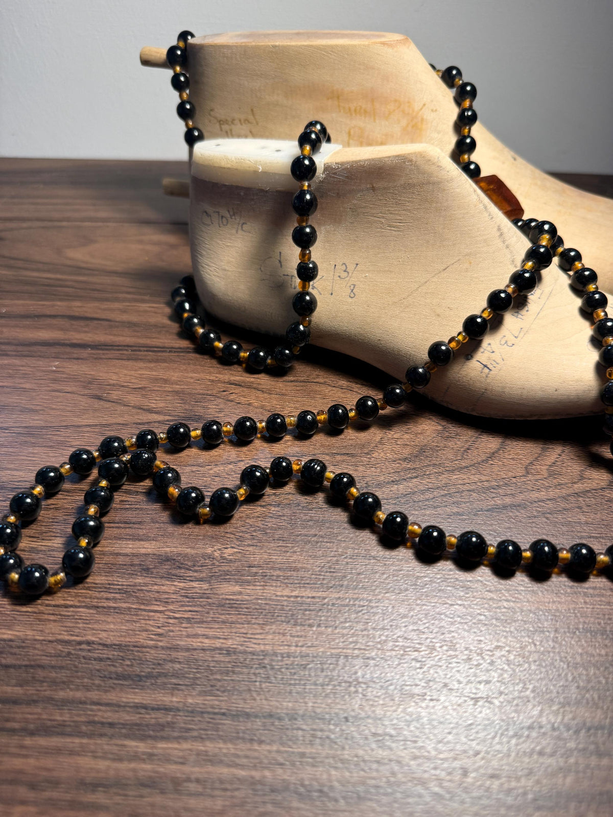 Vintage Long Black Glass Bead Necklace with Amber-Coloured Beads | Statement Costume Jewellery