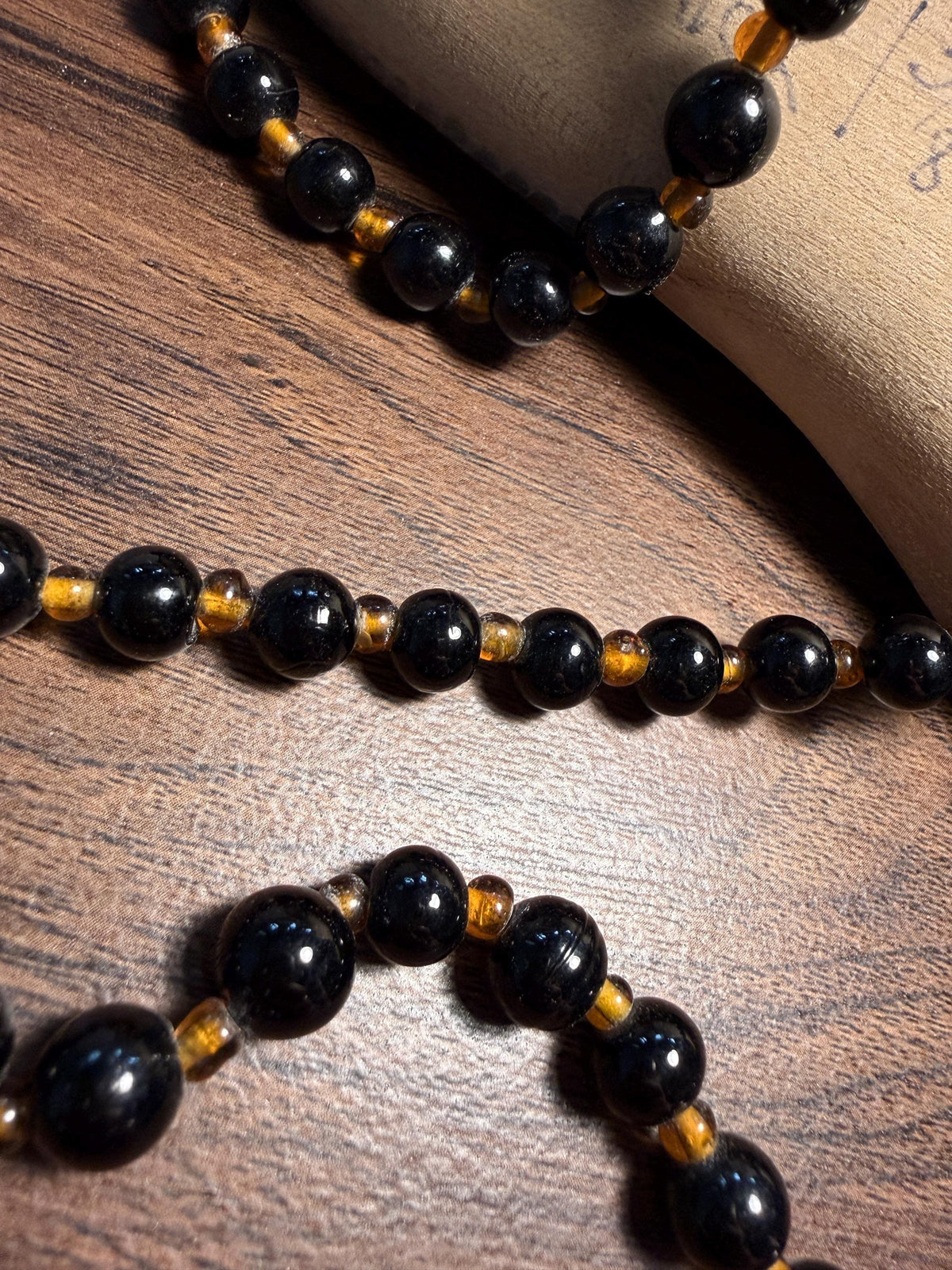 Vintage Long Black Glass Bead Necklace with Amber-Coloured Beads | Statement Costume Jewellery