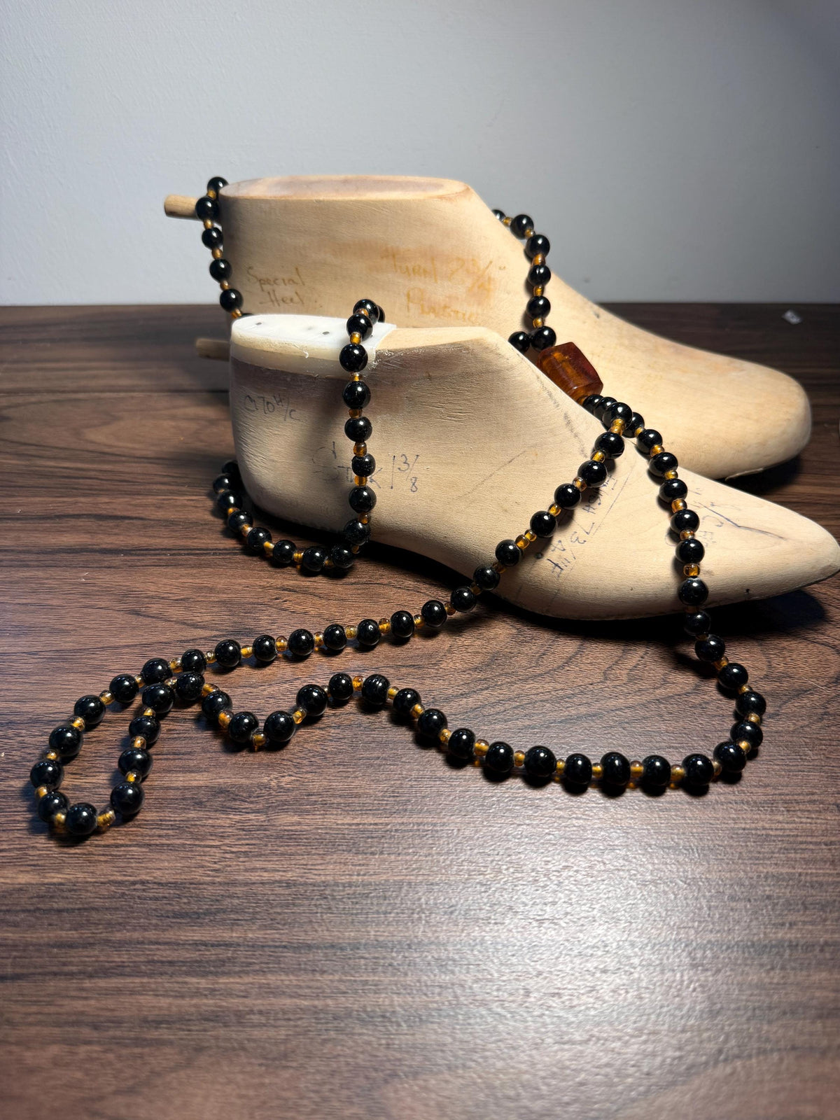 Vintage Long Black Glass Bead Necklace with Amber-Coloured Beads | Statement Costume Jewellery