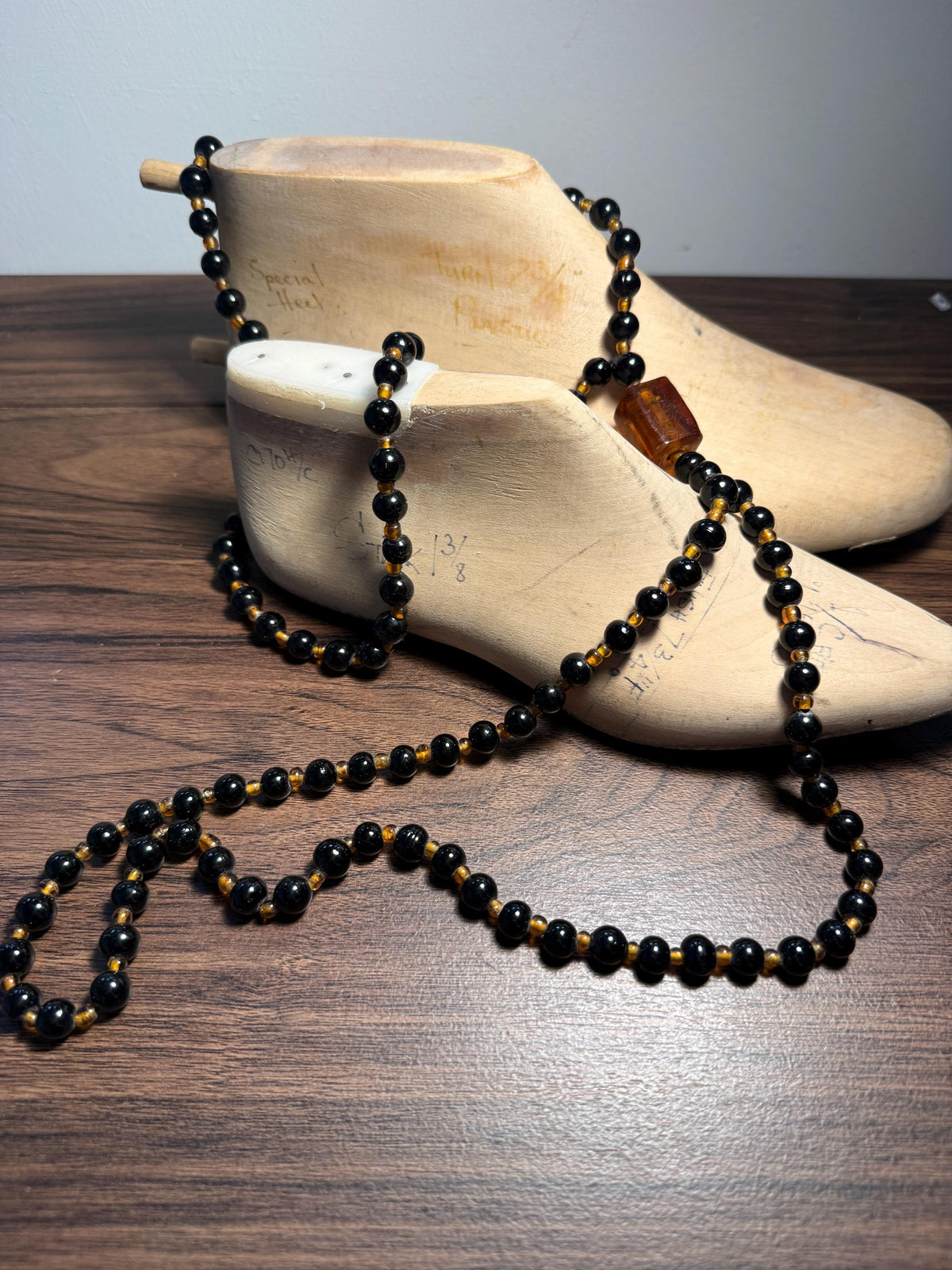 Vintage Long Black Glass Bead Necklace with Amber-Coloured Beads | Statement Costume Jewellery