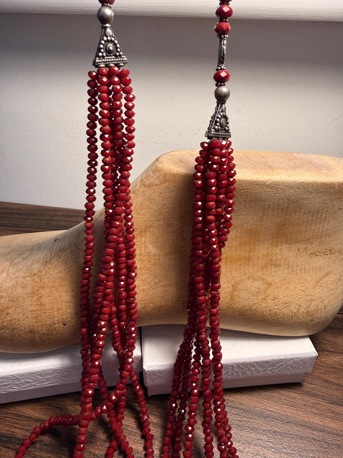 Vintage Multi Strand Red Bead Necklace – Faceted Crimson Beads, Ornate Silver Tone Statement Jewellery