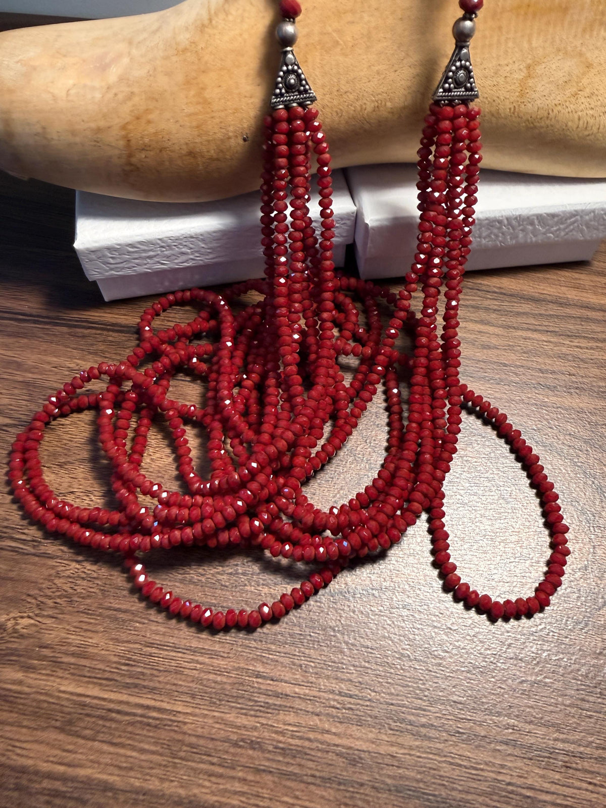 Vintage Multi Strand Red Bead Necklace – Faceted Crimson Beads, Ornate Silver Tone Statement Jewellery