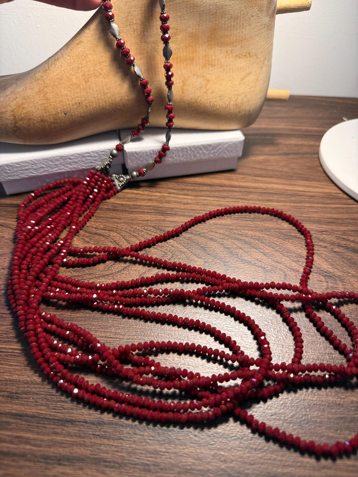 Vintage Multi Strand Red Bead Necklace – Faceted Crimson Beads, Ornate Silver Tone Statement Jewellery