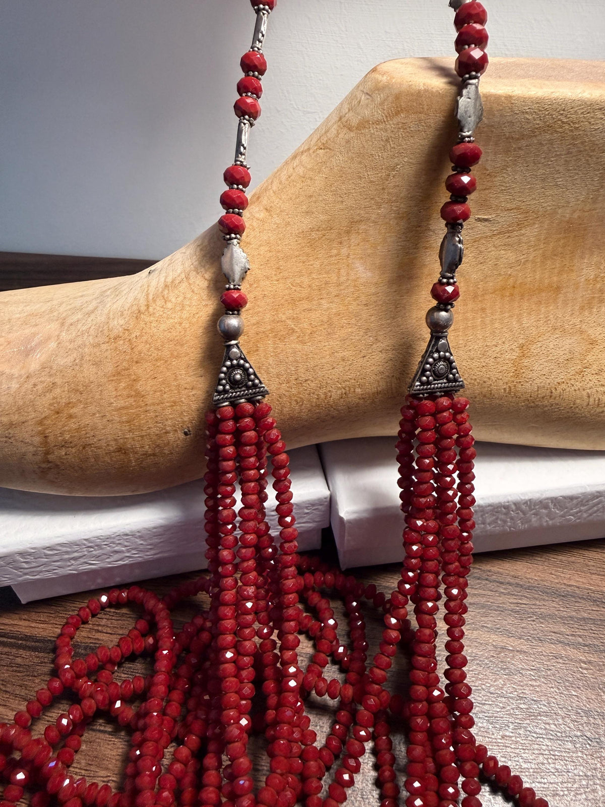 Vintage Multi Strand Red Bead Necklace – Faceted Crimson Beads, Ornate Silver Tone Statement Jewellery