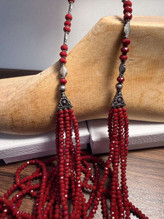 Vintage Multi Strand Red Bead Necklace – Faceted Crimson Beads, Ornate Silver Tone Statement Jewellery