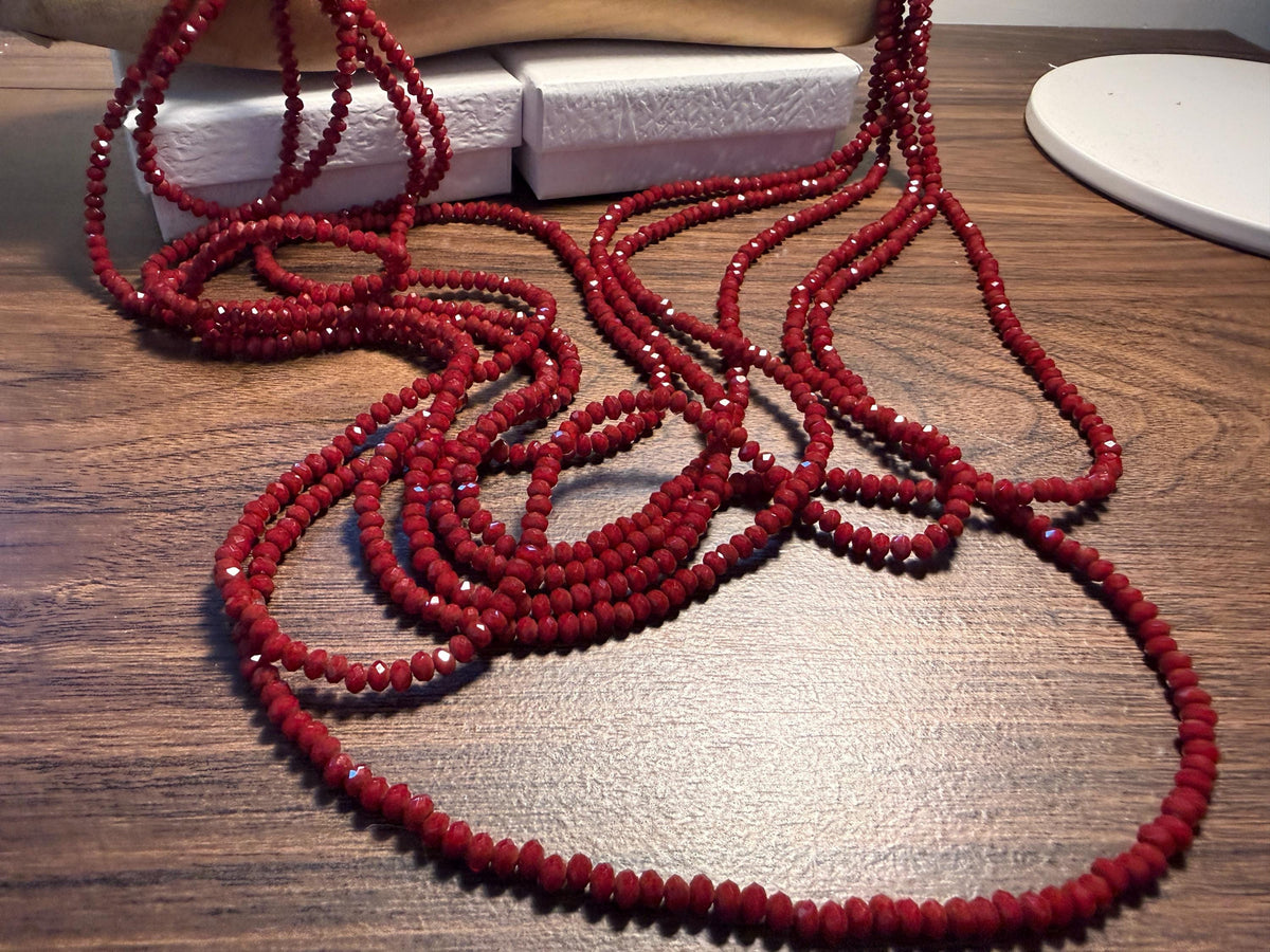 Vintage Multi Strand Red Bead Necklace – Faceted Crimson Beads, Ornate Silver Tone Statement Jewellery