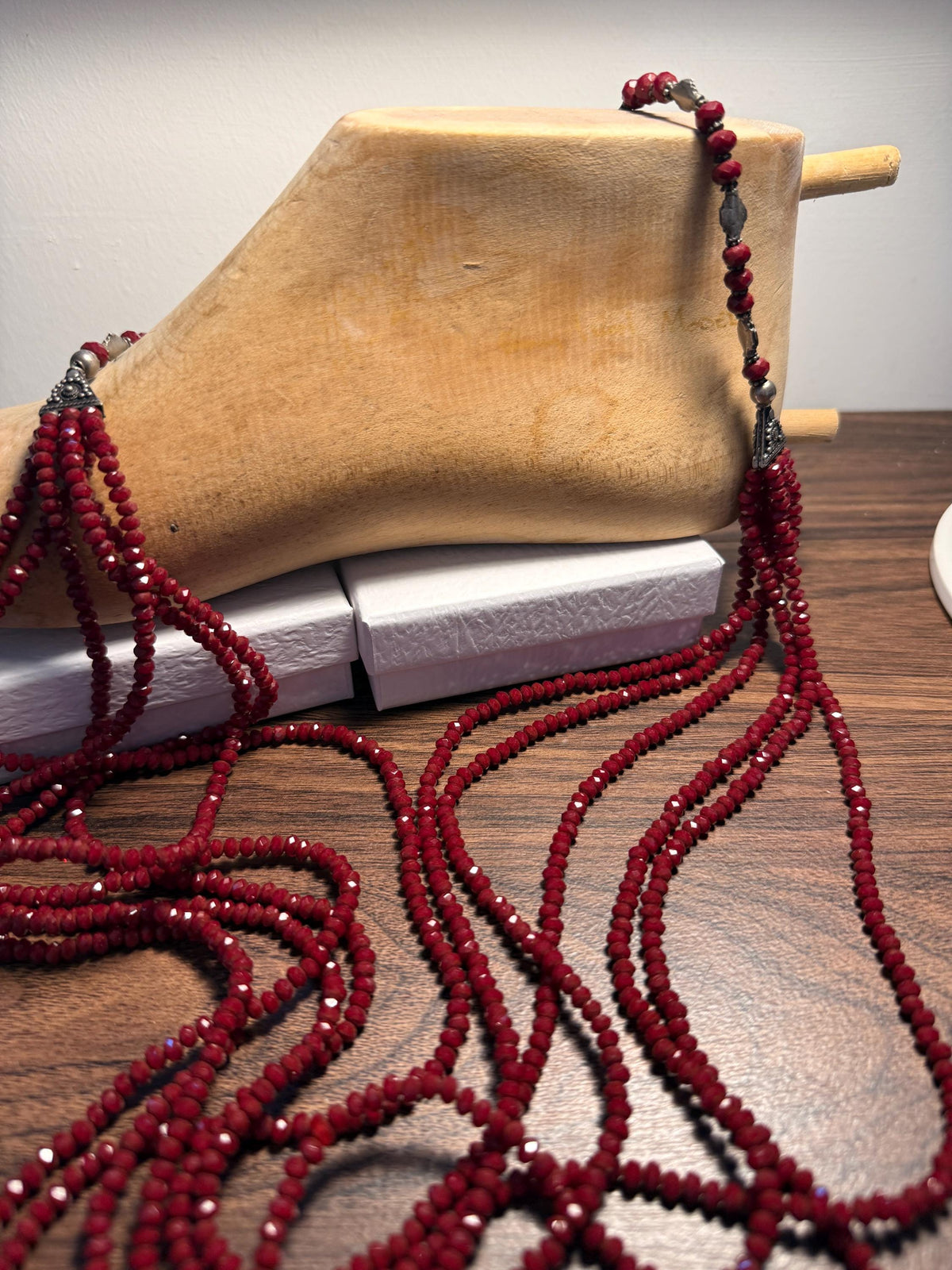 Vintage Multi Strand Red Bead Necklace – Faceted Crimson Beads, Ornate Silver Tone Statement Jewellery