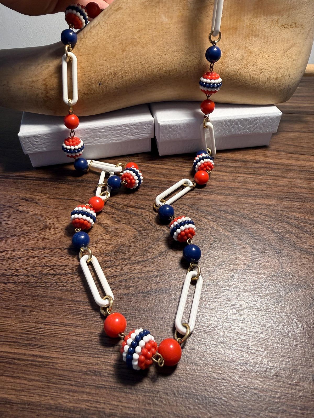 1930s Red White and Blue Celluloid Necklace – Long Art Deco Flapper Sautoir with Beaded Balls and Paperclip Links