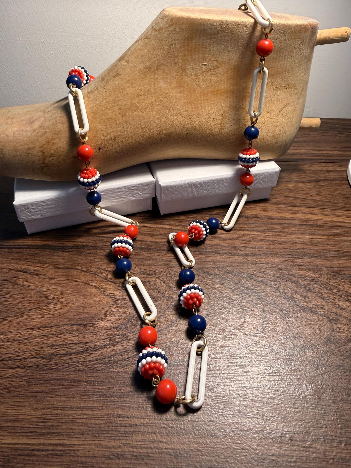 1930s Red White and Blue Celluloid Necklace – Long Art Deco Flapper Sautoir with Beaded Balls and Paperclip Links