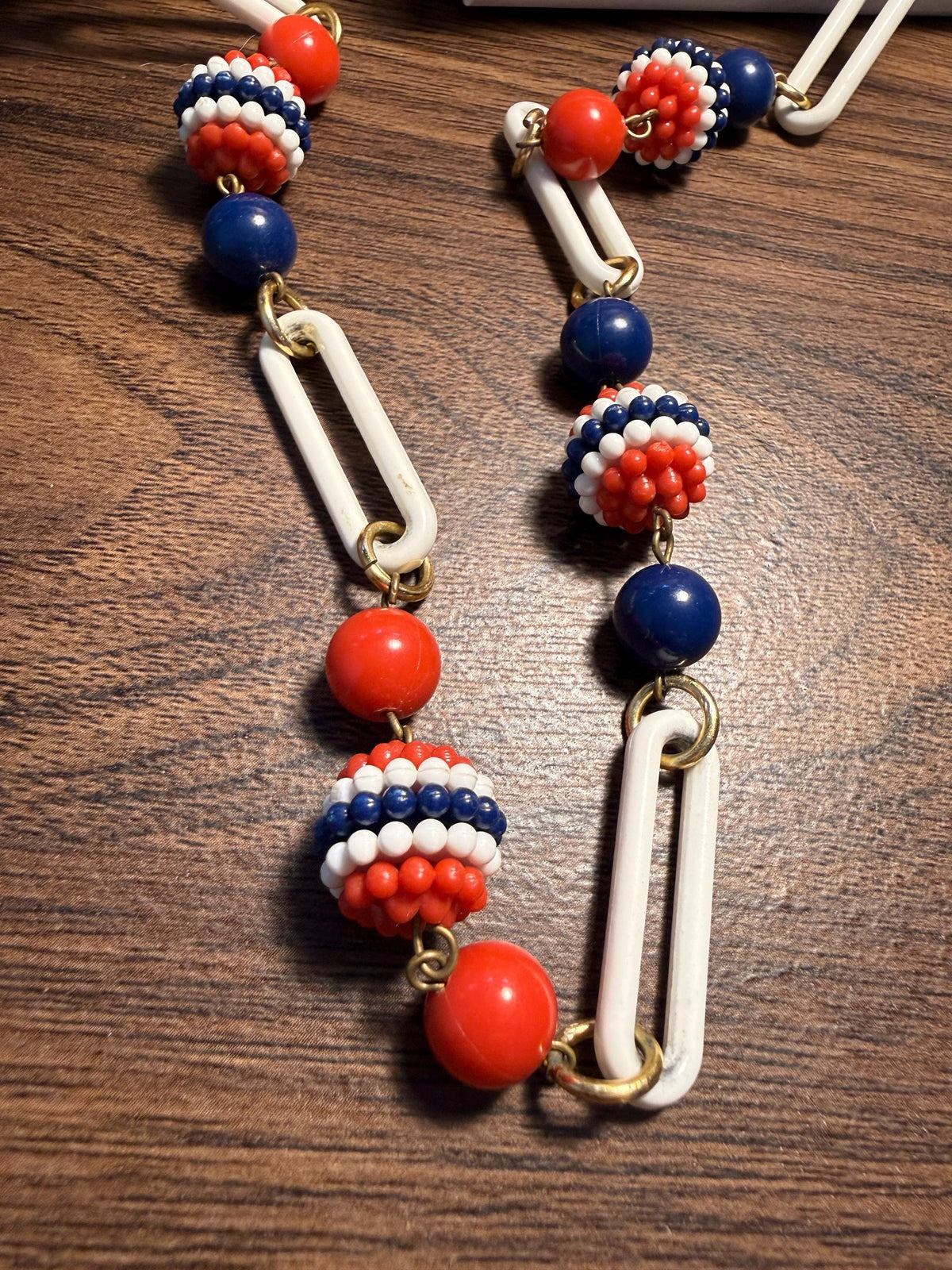 1930s Red White and Blue Celluloid Necklace – Long Art Deco Flapper Sautoir with Beaded Balls and Paperclip Links